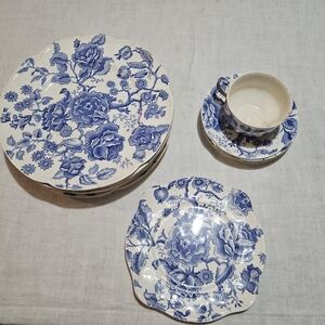 Classic Blue and White Floral Dinnerware Set. English Chippendale Johnson Bros.